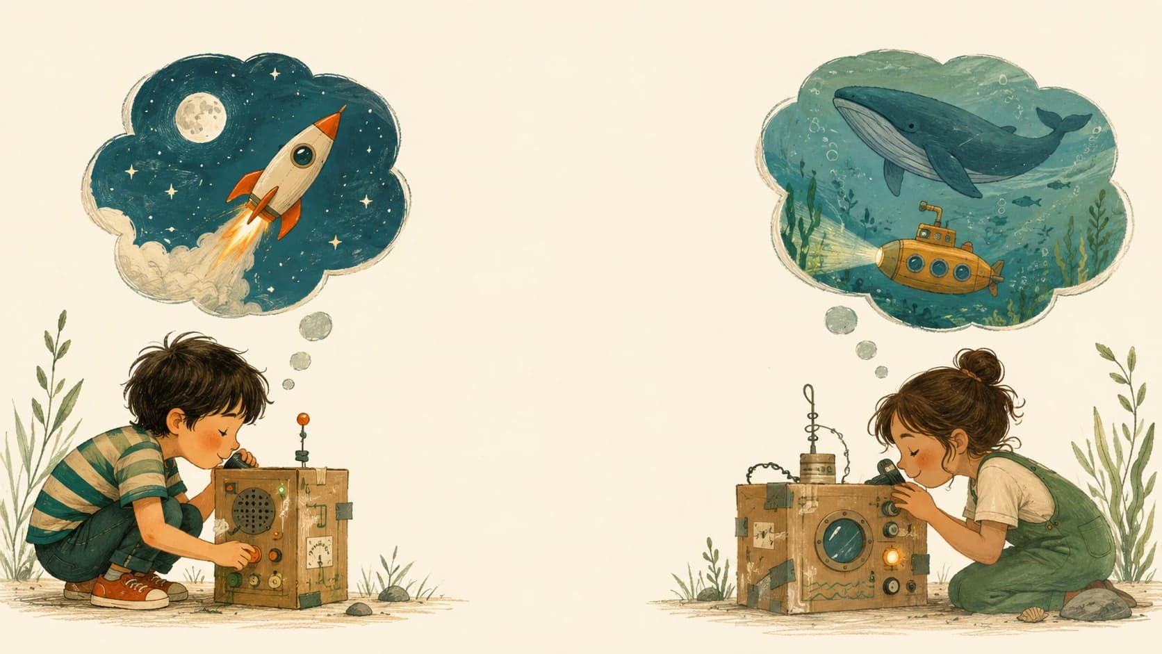 Two children speak into their cardboard radios. A rocket rises above one child; a submarine and whale fill the other's imagination.