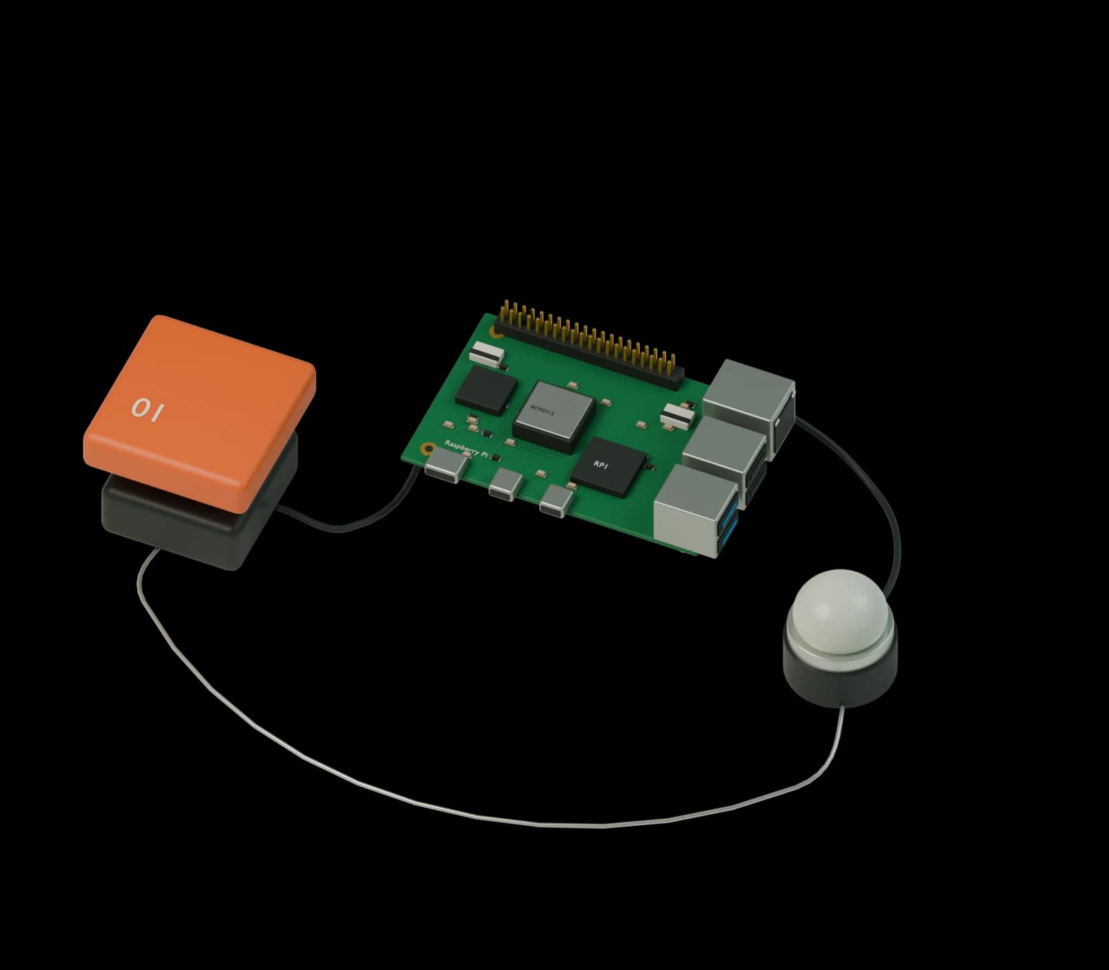 An exposed orange mechanical button wired to a Raspberry Pi and status light.