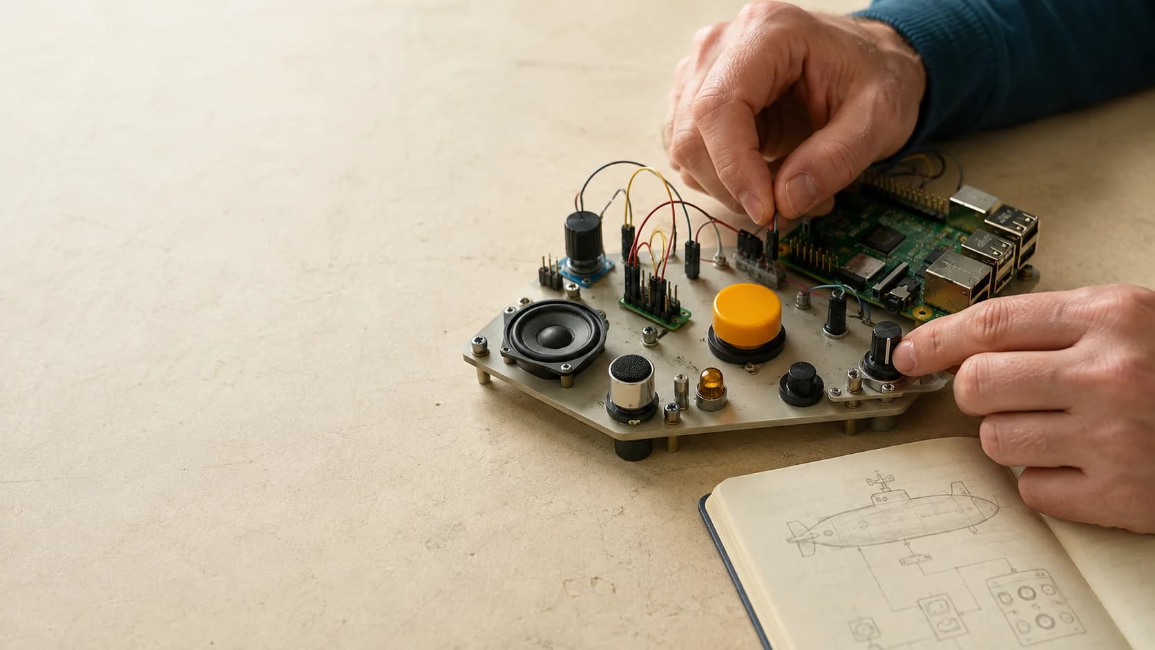 A maker assembles an open Raspberry Pi project with tactile buttons, a status light, a speaker, and a sketch of an imagined submarine.